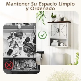 Armário de parede casa de banho, sala, cozinha ou entrada 55 x 19 x 60 cm com portas em estilo rústico, prateleira ajustável e compartimento aberto Br