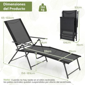 Conjunto de 2 espreguiçadeiras jardim dobráveis com encosto de 6 níveis Assento respirável Estrutura metálica em tecido 189 x 64 x 102 cm Preto