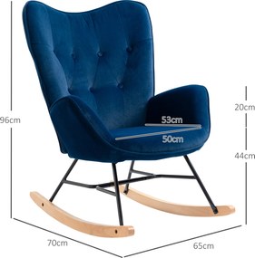 Cadeira de baloiço, confortável com estrutura em madeira maciça e metal para a sala de estar, quarto, varanda, veludo azul