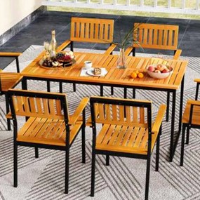Mesa de jardim em madeira de acácia retangular, 140 cm para 6 pessoas (CADEIRAS NÃO INCLUIDAS), estrutura em metal e buraco natural e preto