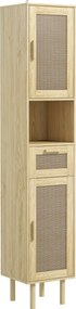Móvel de casa de banho 32 x 30 x 170 cm com coluna de arrumação, portas em rattan, gaveta e 2 armários, cor em carvalho