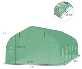 Estufa Tipo Túnel 800x300x200cm com 12 Janelas e Porta Enrolável Cobertura de PE 140g/m² e Aço Teto Pontiagudo para Cultivo de Plantas Verduras Verde