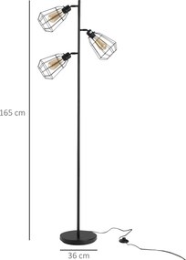 Candeeiro de pé de design industrial, 3 lâmpadas, máx. 40 W, abajur em forma de gaiola de metal preto