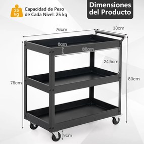 Carrinho de metal multifuncional 77,5 x 38 x 79 cm com 3 prateleiras e pega ergonómica Rodas para escritório ou garagem Preto