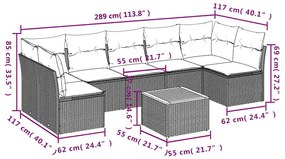 8 pcs conjunto sofás p/ jardim c/ almofadões vime PE cinzento