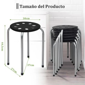 Conjunto de 6 bancos empilháveis de metal com assento redondo perfurado, estrutura metálica  Preto + Cinza
