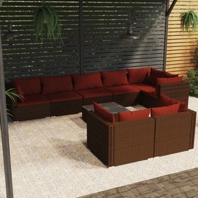 vidaXL 9 pcs conjunto lounge jardim c/ almofadões vime PE castanho