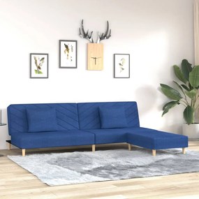 vidaXL Sofá-cama de 2 lugares com 2 almofadas/apoio de pés tecido azul