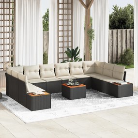 Conjunto de Sofá de Jardim em 11 Peças com Almofadas Preto Vime PE Acá