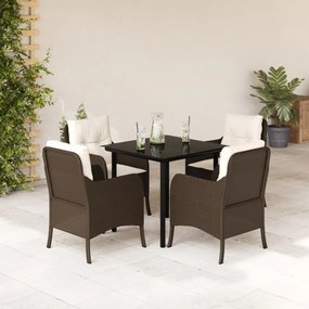 vidaXL 5 pcs conjunto jantar p/ jardim c/ almofadões vime PE castanho