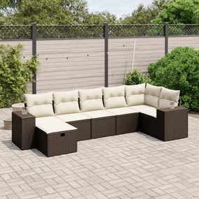 7 pcs conjunto de sofás jardim c/ almofadões vime PE castanho