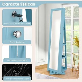 Espelho giratório 360° para joias com espelho de corpo inteiro Organizador de joias com espelho para maquilhagem 39 x 39 x 161 cm Azul