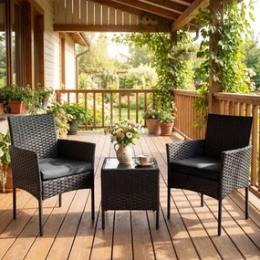Conjunto de móveis de jardim de 3 peças em rattan com 2 cadeiras e Mesa auxiliar de vidro para terraço, pátio ou varanda Preto