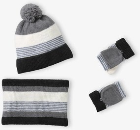 Conjunto às riscas, gorro + gola snood + luvas, para menino cinzento