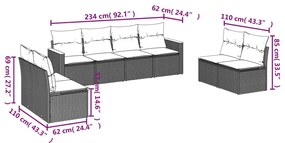8 pcs conjunto sofás de jardim c/ almofadões vime PE cinzento