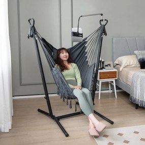 Rede descanso jardim com Suporte e Porta-Telemóvel Suspensa com Altura Ajustável Almofada e Bolso Lateral 152 x 107 x 96-146 cm Cinza