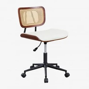 Cadeira De Escritório Raysa Com Rodas Em Madeira, Rattan E Couro Sintético Madeira Escura & Couro Sintético Branco - Sklum
