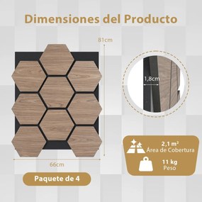Conjunto de 4 painéis acústicos 81 x 66 cm com 9 painéis hexagonais de madeira absorvente de som para redução de ruído
