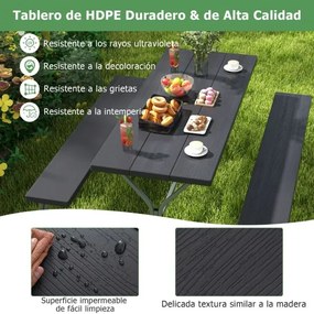 Conjunto jardim de 2 bancos e mesa para 8 pessoas com estrutura metálica Buraco para guarda-sol Preto