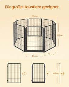Parque para animais de estimação 170 x 170 x 100 cm, recinto ao ar livre em metal inoxidável, com porta larga preto