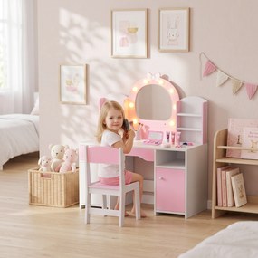 Penteadeira Infantil com Espelho LED 2 Cores, Banco, 2 Armários, Gaveta e Prateleiras, Rosa