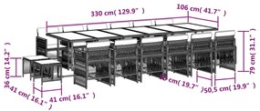 17 pcs conj. jantar jardim c/ almofadões vime PE cinzento-claro
