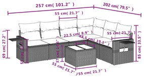 7 pcs conjunto sofás p/ jardim c/ almofadões vime PE cinzento