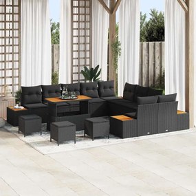 Conjunto de Sofá de Jardim vidaXL 14 Peças com Almofadas Preto Rattan Acácia