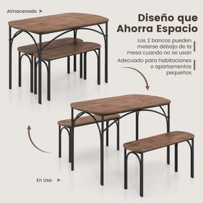 Conjunto de mesa de jantar de 3 peças para 4 pessoas Mesa retangular de madeira e 2 bancos com estrutura metálica  castanho
