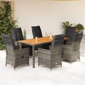 7 pcs conjunto de jantar p/ jardim c/ almofadões vime PE cinza