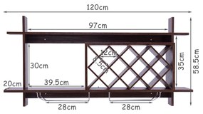 Prateleira garrafeira para garrafas de vinho de madeira de 2 camadas montado na parede para barra de adega de cozinha para 10 garrafas 120 x 58,5 x 20