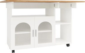 Ilha de cozinha moderna, carrinho de serviço multifuncional com espaço de arrumação e armários com portas de vidro, 120x 70x 79,5 cm, Branco+Cor natural