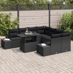 Conjunto de Sofá de Jardim de 9 Peças com Almofadas Preto em Rattan Si