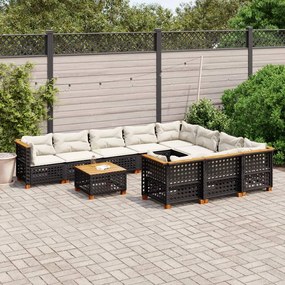 11 pcs conjunto sofás de jardim c/ almofadões vime PE preto