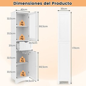 Armário Alto de Casa de Banho, 40 x 30 x 170 cm, Prateleiras Ajustáveis, Branco