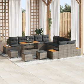 Conjunto de Sofá de Jardim vidaXL com 14 Peças e Almofadas Cinzento Rattan Sintético Acácia