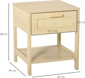Mesa de cabeceira em malha Mesa lateral com gaveta e prateleira inferior em DM e vime para quarto Sala 40x40x48 cm Cor madeira