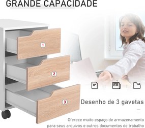 Bloco de Gavetas para Escritório Móvel de Escritório Bloco de Gavetas com 3 Gavetas e 4 Rodas 40x50x57,5 cm Madeira e Branco