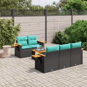 6 pcs conjunto de sofás p/ jardim c/ almofadões vime PE preto