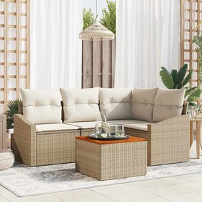 vidaXL Conjunto de Sofá de 5 Peças com Almofadas Bege de Rattan Polipropileno Acácia