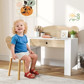 Secretária infantil com cadeira, mesa infantil e cadeira com gaveta e tampo largo, 80 x 41 x 74,5 cm, madeira natural