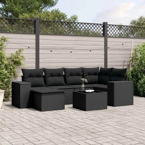 7 pcs conjunto de sofás p/ jardim c/ almofadões vime PE preto