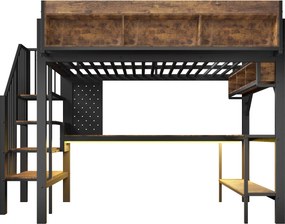 Cama alta 140x200 cm estilo vintage com secretária de canto, Castanho+Preto | AOSOM Portugal
