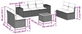 8 pcs conjunto sofás de jardim com almofadões vime PE preto