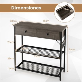 Mesa consola com estação de carregamento Gavetas Estantes Tomadas de corrente e 2 Portas USB 81 x 30 x 81 x 81 cm Cinzento