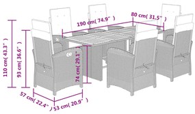 7 pcs conj. jantar jardim c/ almofadões vime PE bege misturado