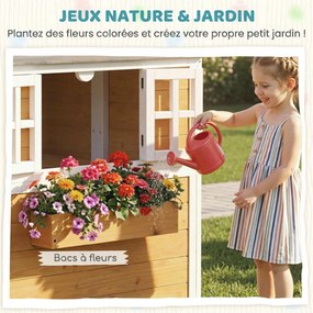 Casa de brincar infantil de madeira para exterior 125,5 x 119 x 126 cm, casinha infantil para exterior/interior com porta, janelas, 3 floreiras, amare