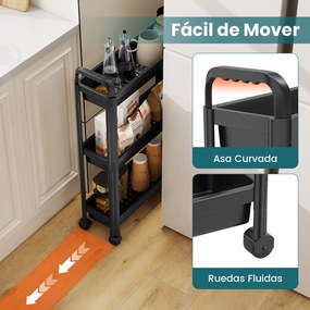 Carrinho estreito de 3 níveis com rodas e pegas54×18,5×76 cm Organizador móvel para cozinha, casa de banho, lavandaria e escritório Preto