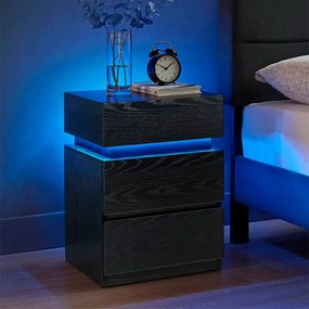 Mesa de cabeçeira com iluminação LED Moderna 35 x 40 x 55 cm preto com grão de madeira