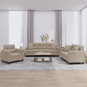 3 pcs conjunto sofás c/ almofadas microfibra cinza-acastanhado